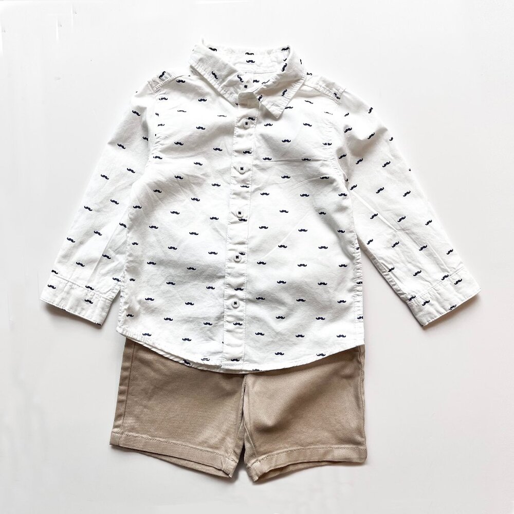 Mustache Print Shirt & Shorts, White/Khaki, 2T